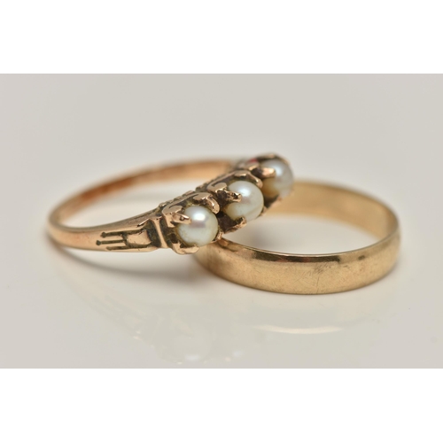 78 - A 9CT GOLD BAND RING AND A YELLOW METAL SEED PEARL RING, polished band, hallmarked 9ct London, ring ... 