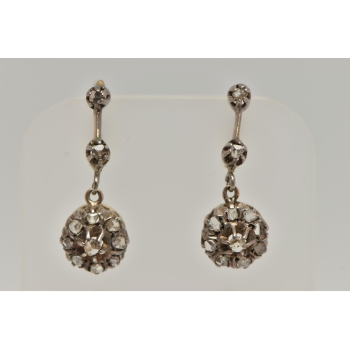 83 - A PAIR OF DIAMOND DROP EARRINGS, each earring suspending a circular drop set with rose cut diamonds ... 