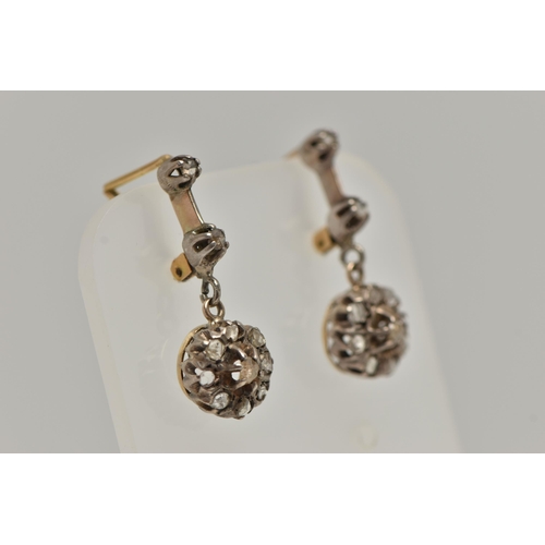 83 - A PAIR OF DIAMOND DROP EARRINGS, each earring suspending a circular drop set with rose cut diamonds ... 