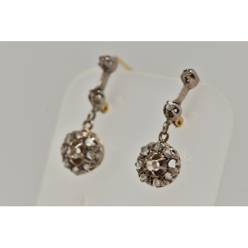 83 - A PAIR OF DIAMOND DROP EARRINGS, each earring suspending a circular drop set with rose cut diamonds ... 