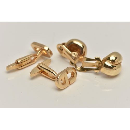 85 - A PAIR OF CHRISTIAN DIOR CLIP ON EARRINGS AND A PAIR OF CUFFLINKS, cross over yellow metal non-pierc... 