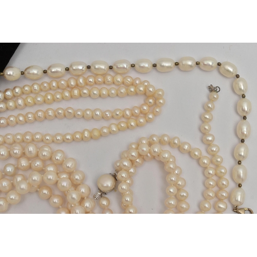 86 - AN ASSORTMENT OF CULTURED PEARL NECKLACES, to include a single row of individually knotted cream pea... 