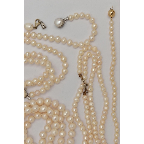 86 - AN ASSORTMENT OF CULTURED PEARL NECKLACES, to include a single row of individually knotted cream pea... 