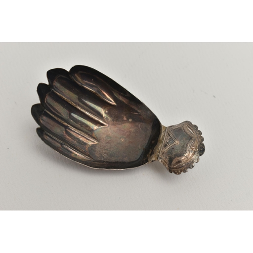 101 - A GEORGE III SILVER NOVELTY CADDY SPOON IN THE FORM OF A HAND, bright cut detail to short handle, ma... 