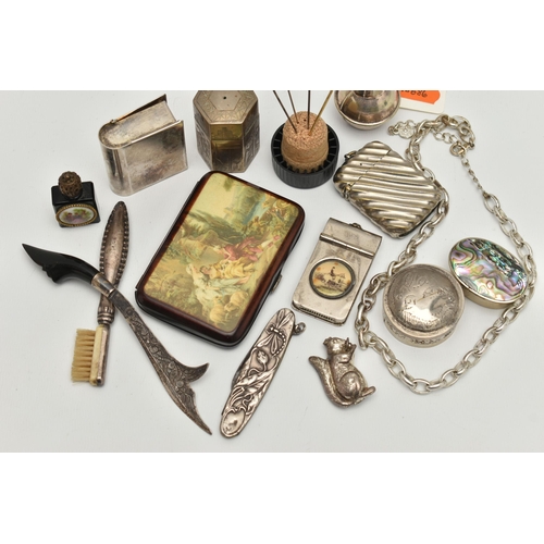 106 - A PARCEL OF ASSORTED WHITE METAL AND PLATED COLLECTABLES, NOVELTY ITEMS, ETC, including a squirrel r... 