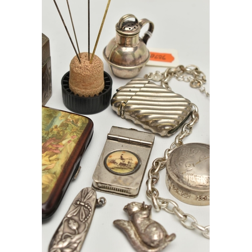 106 - A PARCEL OF ASSORTED WHITE METAL AND PLATED COLLECTABLES, NOVELTY ITEMS, ETC, including a squirrel r... 