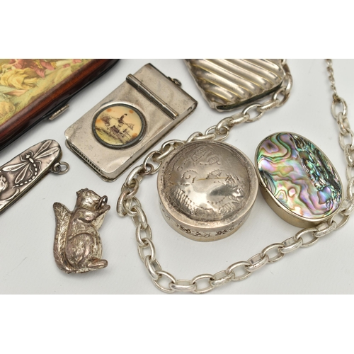 106 - A PARCEL OF ASSORTED WHITE METAL AND PLATED COLLECTABLES, NOVELTY ITEMS, ETC, including a squirrel r... 