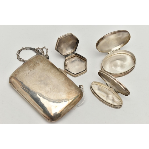 107 - AN EDWARDIAN SIVER PURSE AND THREE MODERN SILVER PILL BOXES, the purse on a two strand link chain, t... 