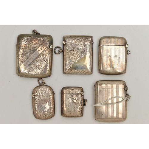 111 - SIX EDWARDIAN AND GEORGE V SILVER RECTANGULAR VESTA CASES, two engine turned and four foliate engrav... 