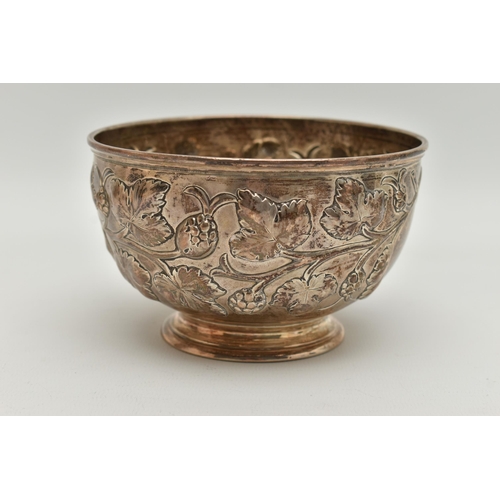 114 - A VICTORIAN SILVER ROSE BOWL, repoussé decorated with fruiting hops, bears presentation inscription ... 