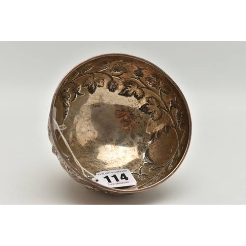 114 - A VICTORIAN SILVER ROSE BOWL, repoussé decorated with fruiting hops, bears presentation inscription ... 