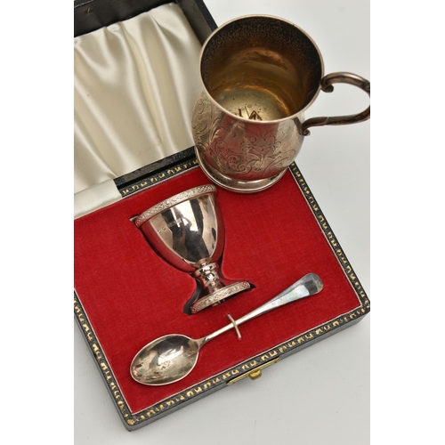 121 - A CASED SILVER EGG CUP AND SPOON SET AND A SILVER CUP, egg cup and spoon hallmarked 'John Rose' Birm... 