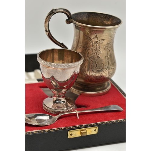 121 - A CASED SILVER EGG CUP AND SPOON SET AND A SILVER CUP, egg cup and spoon hallmarked 'John Rose' Birm... 