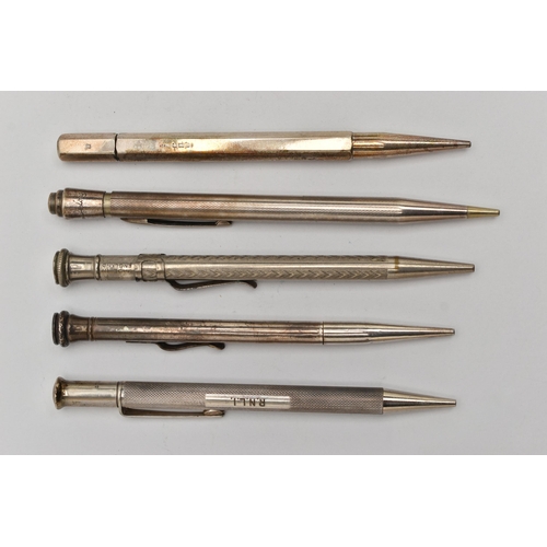 123 - FIVE PROPELLING PENCILS, to include a silver hexagonal pencil, hallmarked 'Johnson, Matthey & Co' Lo... 