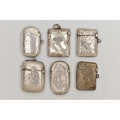 124 - SIX SILVER VESTA CASES, five with engraved floral or foliage patterns, and an embossed floral vesta,... 