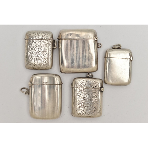 125 - FIVE SILVER VESTA CASES, each of a rectangular form, one polished, two with an engine turned pattern... 