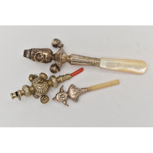 126 - THREE CHILDRENS RATTLES, the first a white metal rattle with whistle, fitted with a suspension ring,... 