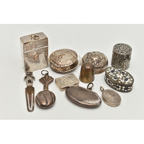 128 - A BAG OF SILVER AND WHITE METAL ITEMS, to include an early 20th century silver pill box, hallmarked ... 