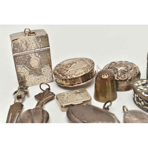 128 - A BAG OF SILVER AND WHITE METAL ITEMS, to include an early 20th century silver pill box, hallmarked ... 