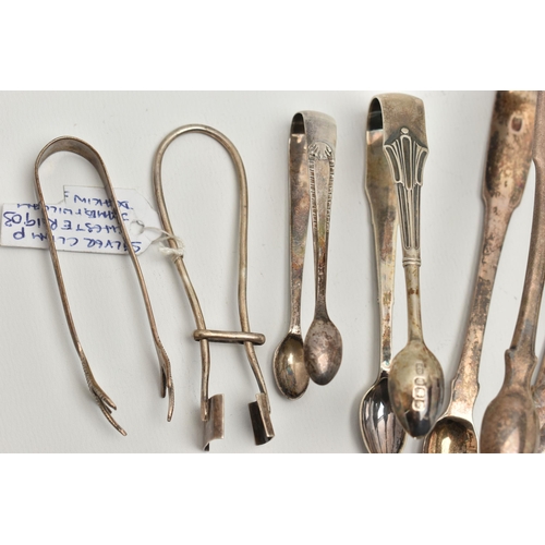 129 - TEN PAIRS OF SUGAR TONGS, to include two large sized fiddle pattern tongs, and eight smaller tongs o... 