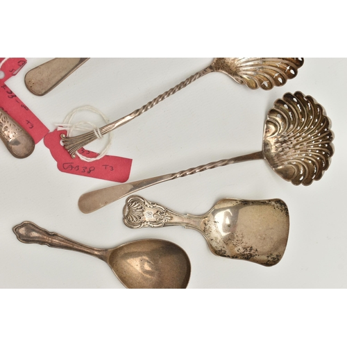 131 - THREE SILVER CADDY SPOONS AND SIX SIFTER SPOONS, to include a 'George Unite' caddy spoon, hallmarked... 