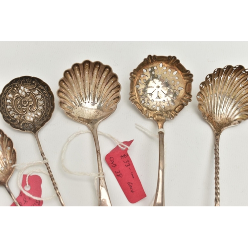 131 - THREE SILVER CADDY SPOONS AND SIX SIFTER SPOONS, to include a 'George Unite' caddy spoon, hallmarked... 