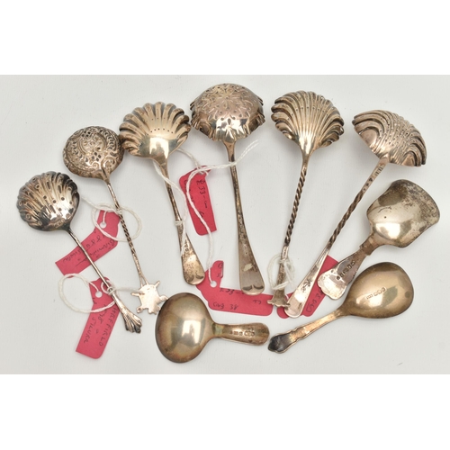 131 - THREE SILVER CADDY SPOONS AND SIX SIFTER SPOONS, to include a 'George Unite' caddy spoon, hallmarked... 