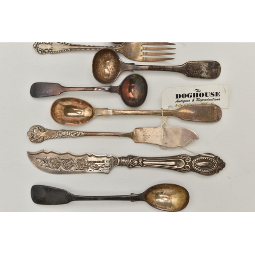 133 - A BAG OF ASSORTED SILVER CUTLERY, to include five yellow guilloche enamel coffee spoons, hallmarked ... 