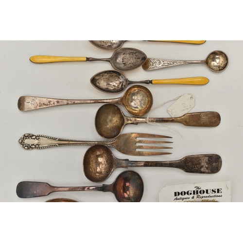 133 - A BAG OF ASSORTED SILVER CUTLERY, to include five yellow guilloche enamel coffee spoons, hallmarked ... 