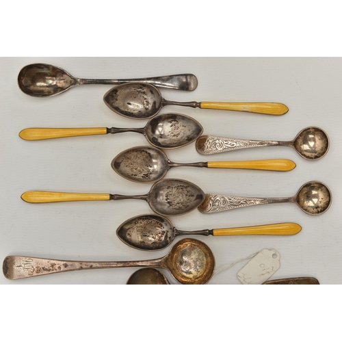 133 - A BAG OF ASSORTED SILVER CUTLERY, to include five yellow guilloche enamel coffee spoons, hallmarked ... 