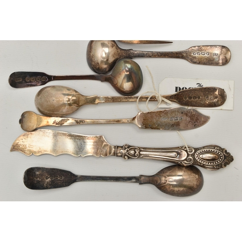 133 - A BAG OF ASSORTED SILVER CUTLERY, to include five yellow guilloche enamel coffee spoons, hallmarked ... 