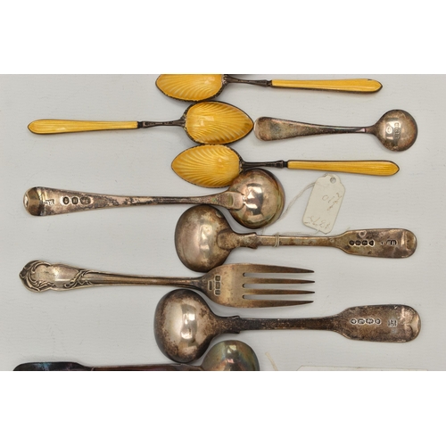 133 - A BAG OF ASSORTED SILVER CUTLERY, to include five yellow guilloche enamel coffee spoons, hallmarked ... 