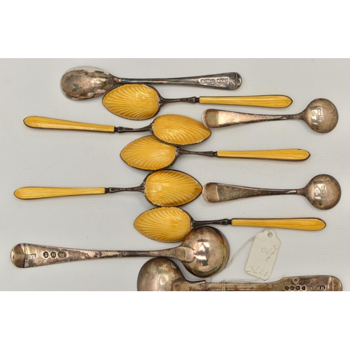 133 - A BAG OF ASSORTED SILVER CUTLERY, to include five yellow guilloche enamel coffee spoons, hallmarked ... 