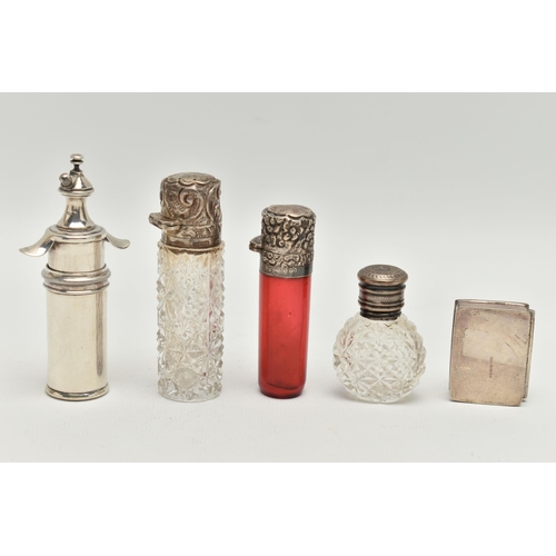 134 - FIVE ITEMS, to include a red glass scent bottle with a silver embossed, hinged cover, hallmarked 'GM... 