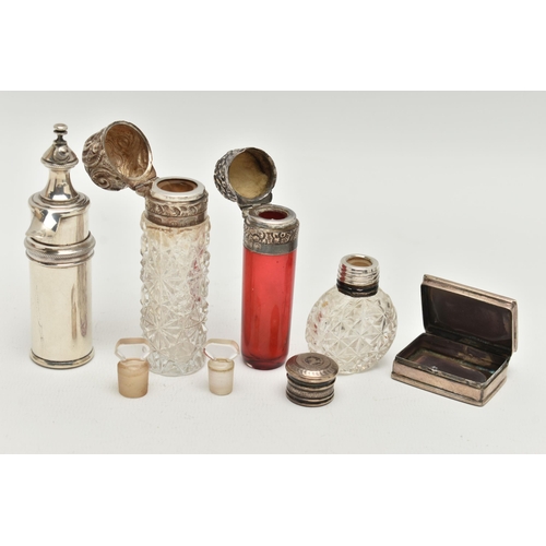 134 - FIVE ITEMS, to include a red glass scent bottle with a silver embossed, hinged cover, hallmarked 'GM... 