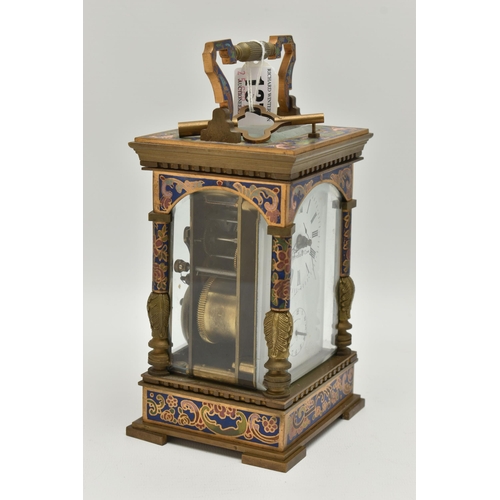 137 - A REPRODUCTION REPEATER CARRIAGE CLOCK WITH CLOISONNE EFFECT AND BRASS CASE, the white enamel dial w... 