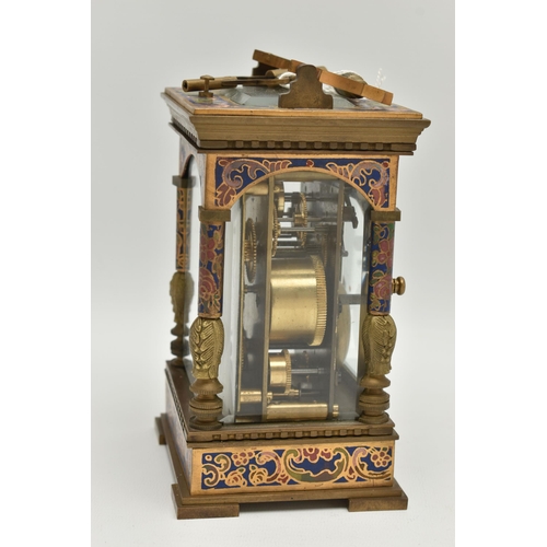 137 - A REPRODUCTION REPEATER CARRIAGE CLOCK WITH CLOISONNE EFFECT AND BRASS CASE, the white enamel dial w... 