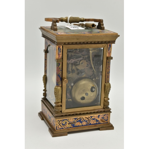 137 - A REPRODUCTION REPEATER CARRIAGE CLOCK WITH CLOISONNE EFFECT AND BRASS CASE, the white enamel dial w... 