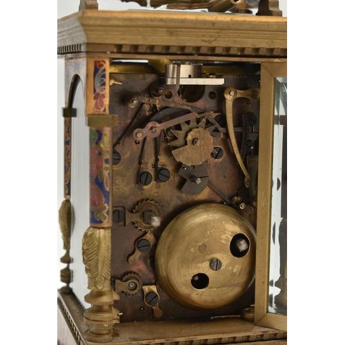 137 - A REPRODUCTION REPEATER CARRIAGE CLOCK WITH CLOISONNE EFFECT AND BRASS CASE, the white enamel dial w... 