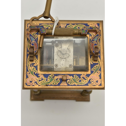 137 - A REPRODUCTION REPEATER CARRIAGE CLOCK WITH CLOISONNE EFFECT AND BRASS CASE, the white enamel dial w... 