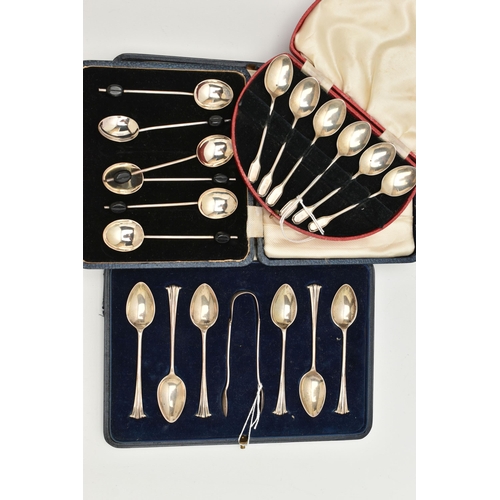 138 - THREE CASED SETS OF SILVER COFFEE SPOONS, comprising an Elizabeth II set in a semi-circular case, Bi... 