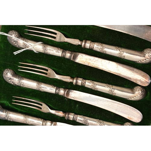 139 - A CASED SET OF SIX EDWARDIAN SILVER PISTOL HANDLED DESSERT KNIVES AND FORKS, with spiral floral repo... 