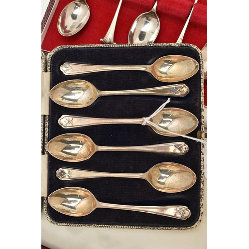 140 - THREE CASED SETS OF SILVER TEASPOONS, comprising a set of six with oval to handle, makers Cooper Bro... 