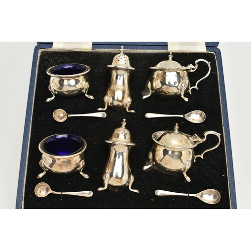 142 - A CASED MAPPIN & WEBB ELIZABETH II SILVER TEN PIECE CRUET SET, of circular form on three cabriole le... 