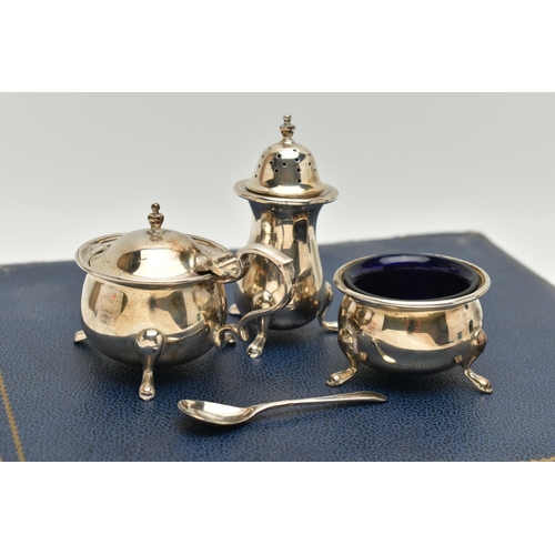 142 - A CASED MAPPIN & WEBB ELIZABETH II SILVER TEN PIECE CRUET SET, of circular form on three cabriole le... 