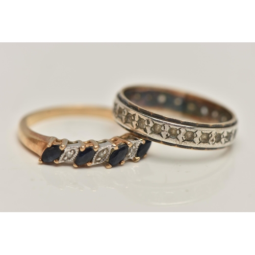 93 - TWO RINGS, the first a 9ct gold gem set half eternity ring set with four marquise cut blue sapphires... 