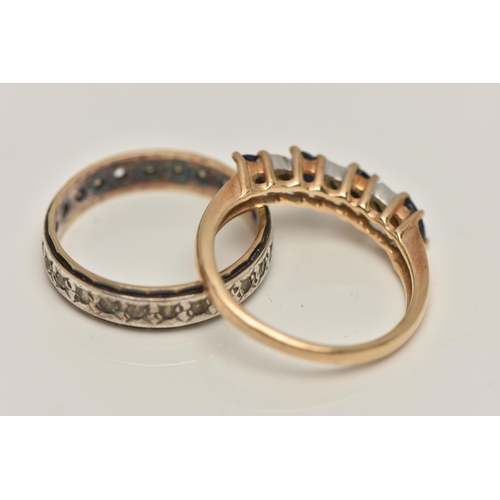 93 - TWO RINGS, the first a 9ct gold gem set half eternity ring set with four marquise cut blue sapphires... 