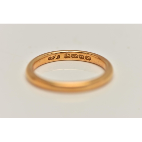 95 - A 22CT GOLD BAND RING, plain polished thin band, approximate width 2mm, hallmarked 22ct Birmingham 1... 