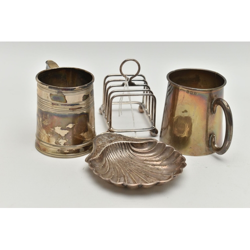 146 - FOUR PIECES OF 20TH CENTURY SILVER, comprising two conical shaped christening mugs, one with banded ... 