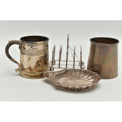 146 - FOUR PIECES OF 20TH CENTURY SILVER, comprising two conical shaped christening mugs, one with banded ... 